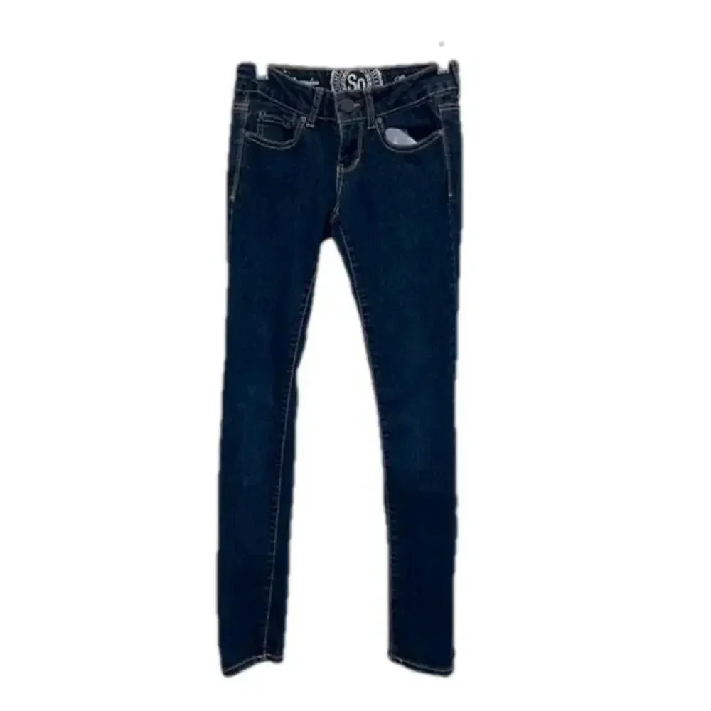 3 for $13 SO skinny dark wash jeans size 1 xs gold orange stitch belt loops